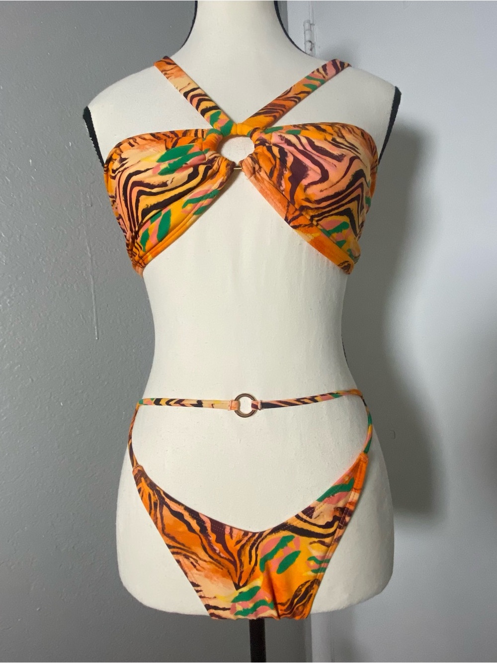 Icon Swim Orange Multicolor Tiger Stripe Bikini Set Size Small